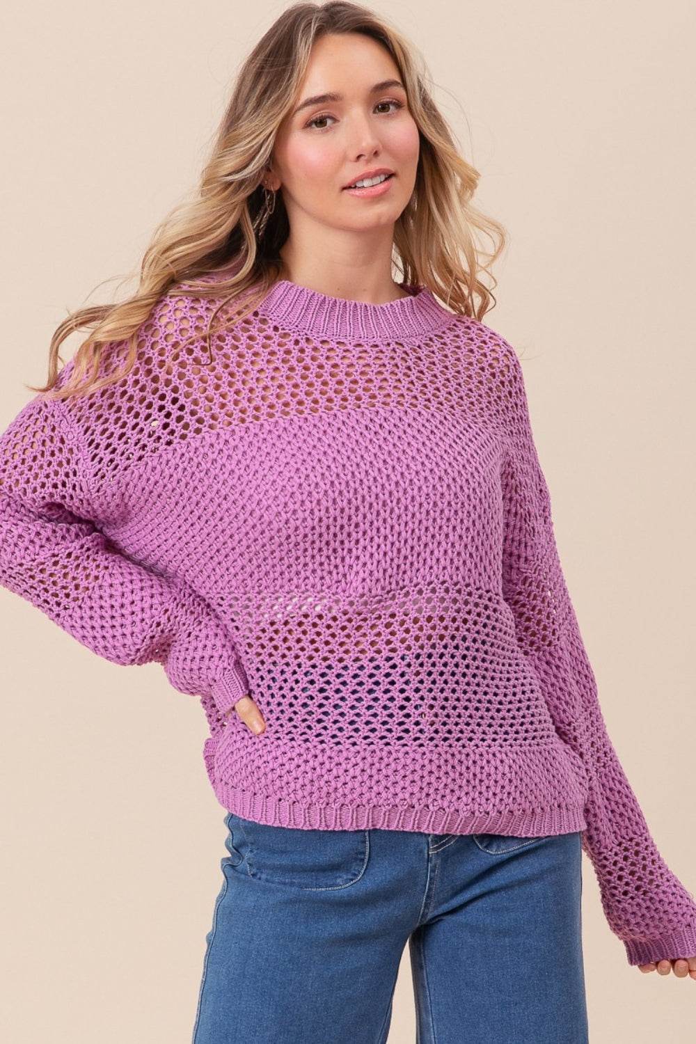 BiBi Openwork Long Sleeve Knit Top - DaTrendStore.Com