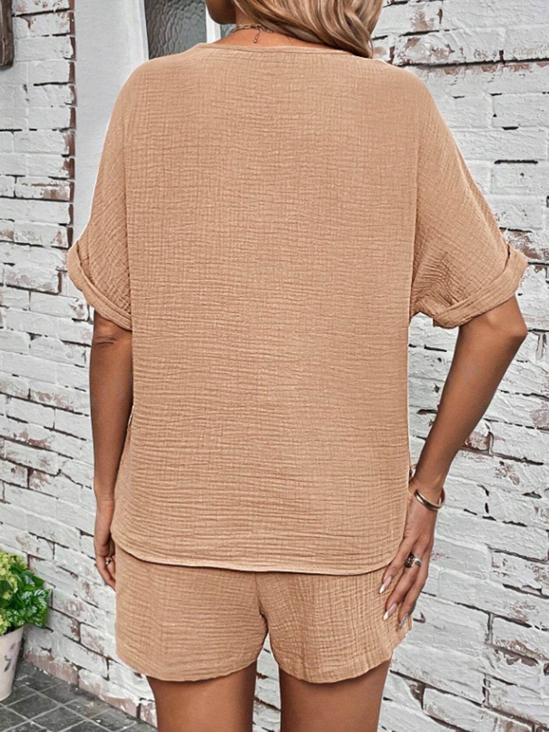 Notched Half Sleeve Top and Shorts Set - DaTrendStore.Com