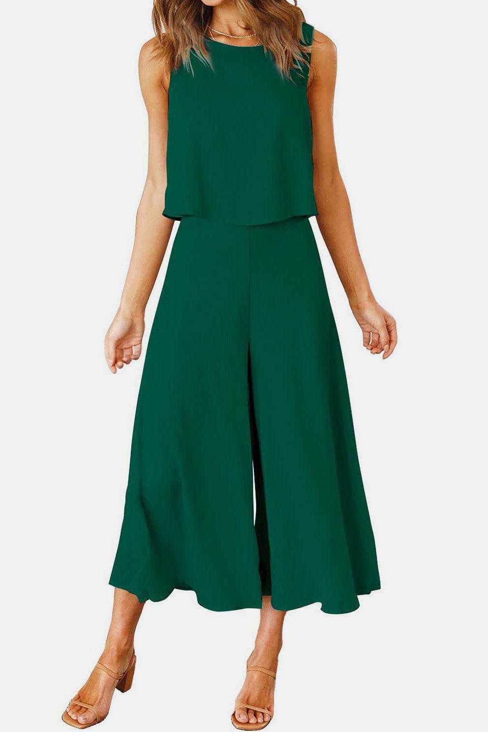 Round Neck Top and Wide Leg Pants Set - DaTrendStore.Com