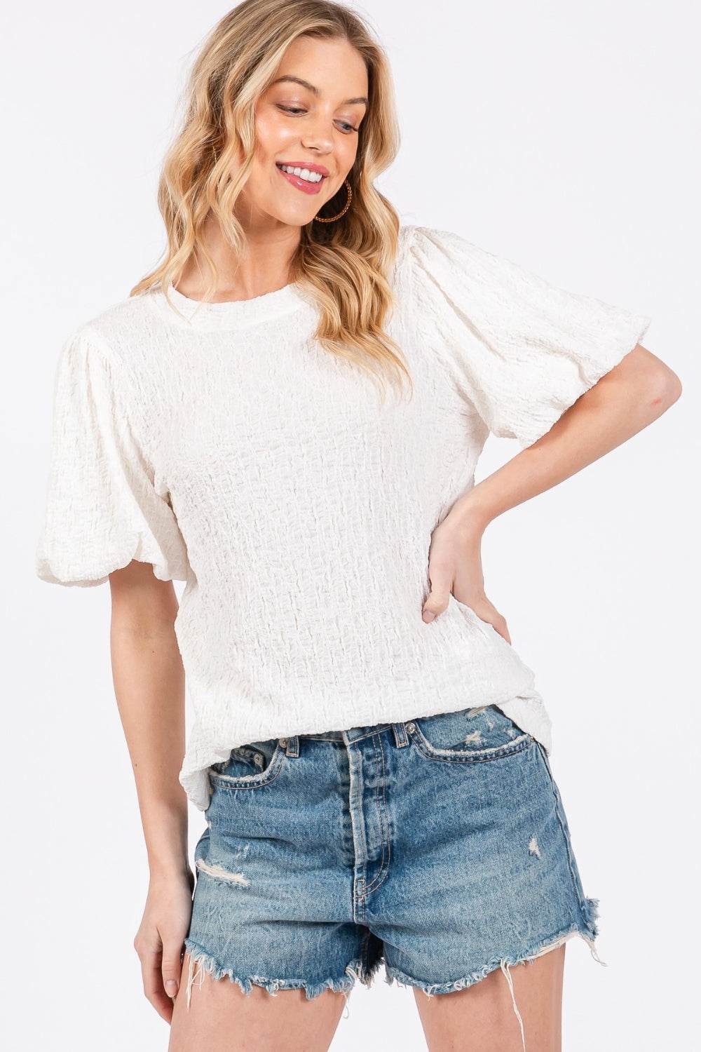 Ces Femme Textured Puff Sleeve Top - DaTrendStore.Com