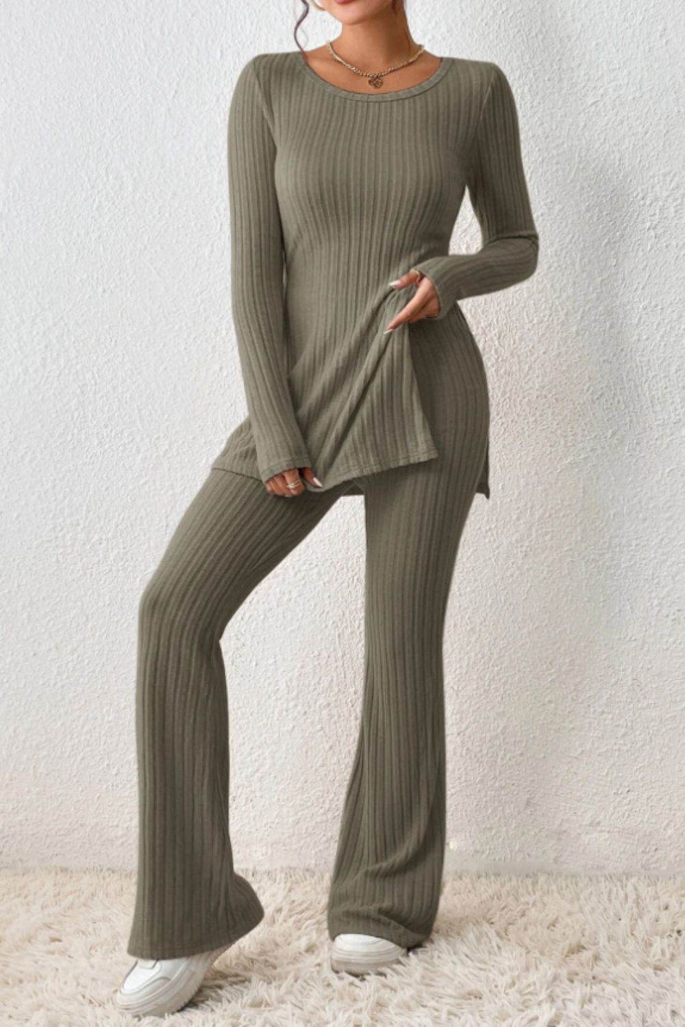 Ribbed Long Sleeve Slit Top and Bootcut Pants Set - DaTrendStore.Com