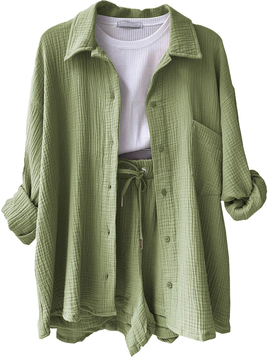 Texture Button Up Shirt and Drawstring Shorts Set - DaTrendStore.Com