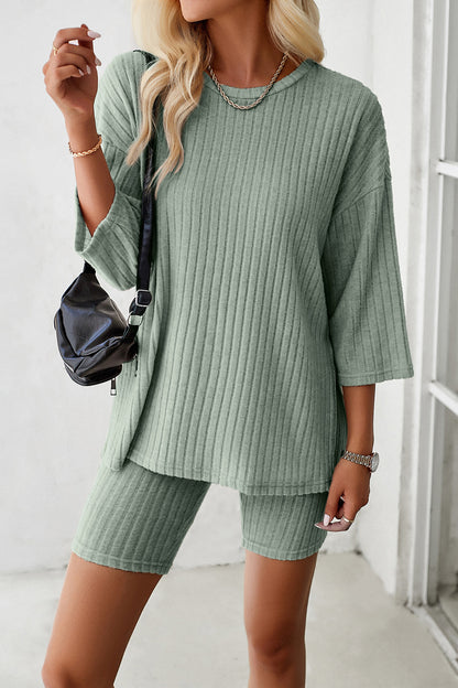 Devine Ribbed Round Neck Top and Shorts Set