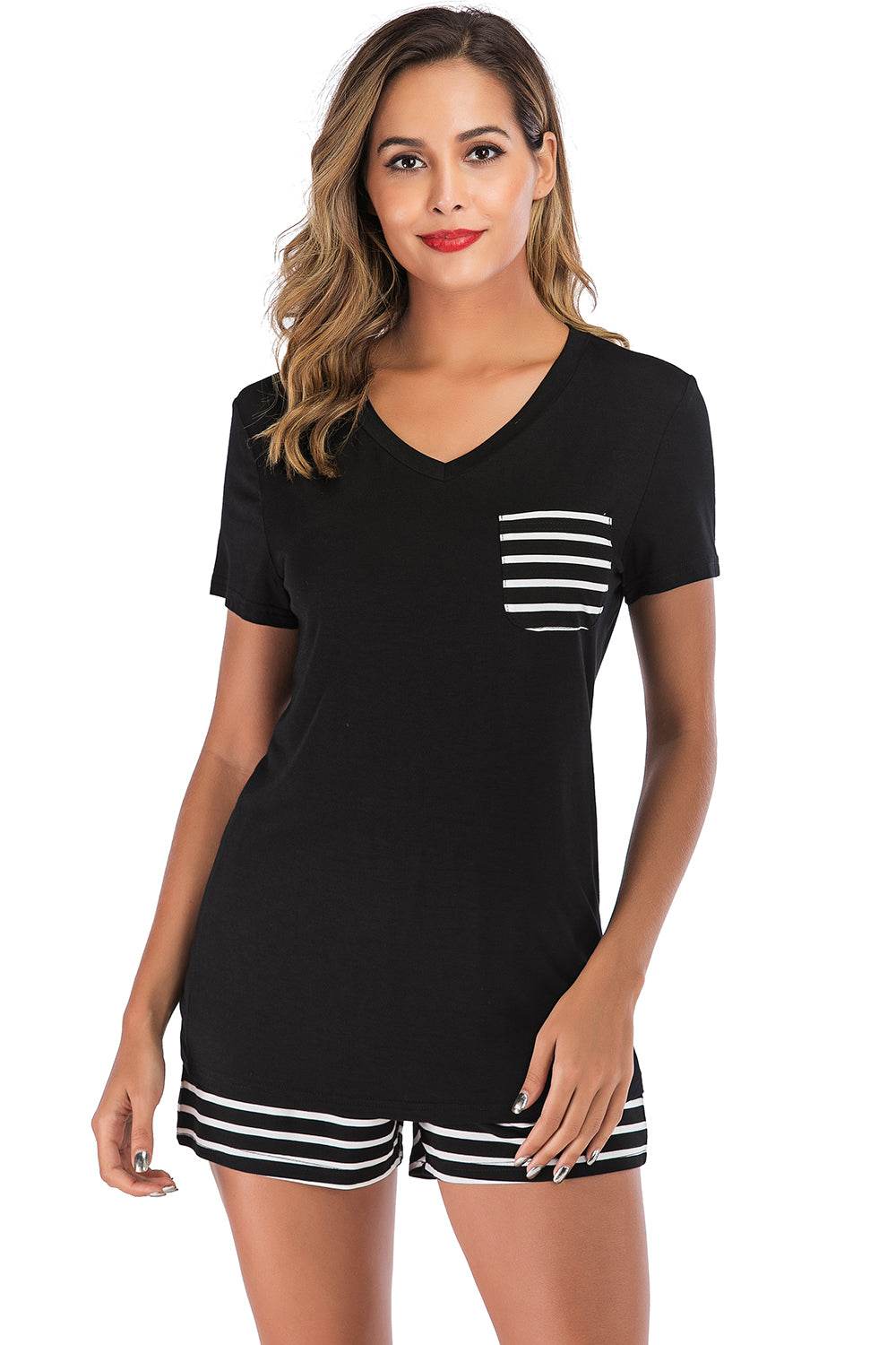 Striped Short Sleeve Top and Shorts Lounge Set - DaTrendStore.Com