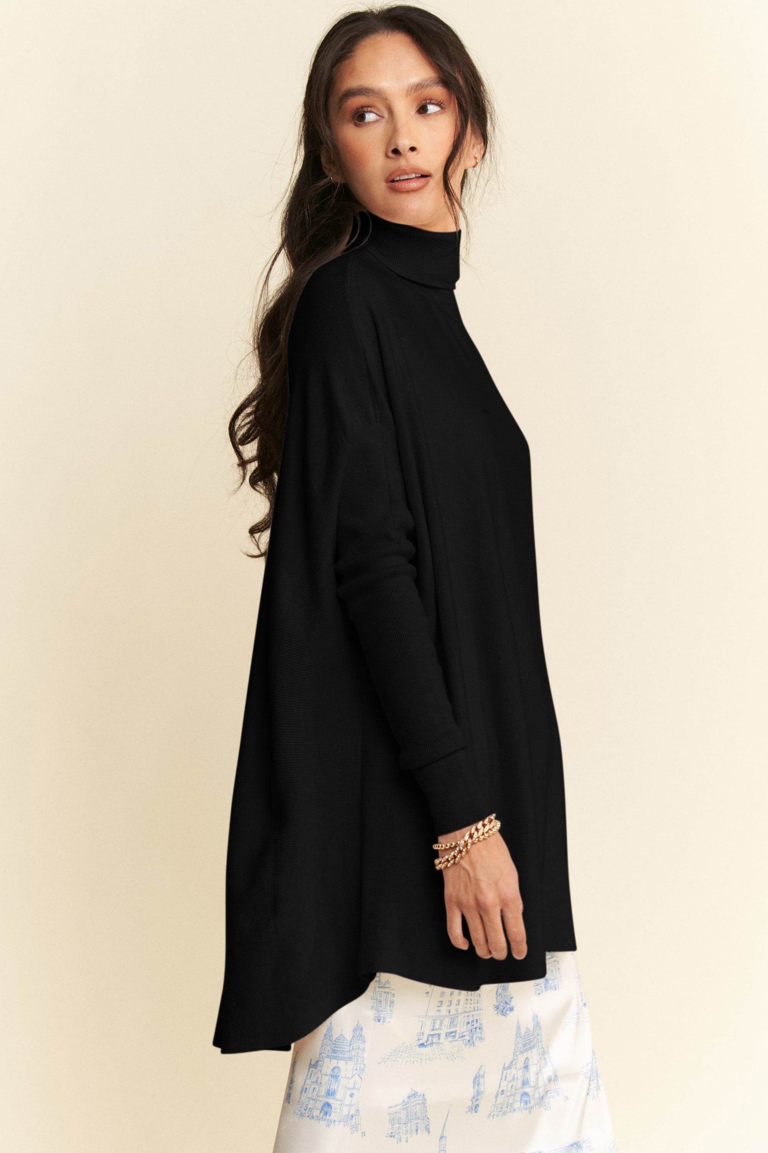 Davi & Dani High-Low Turtleneck Long Sleeve Knit Top - DaTrendStore.Com