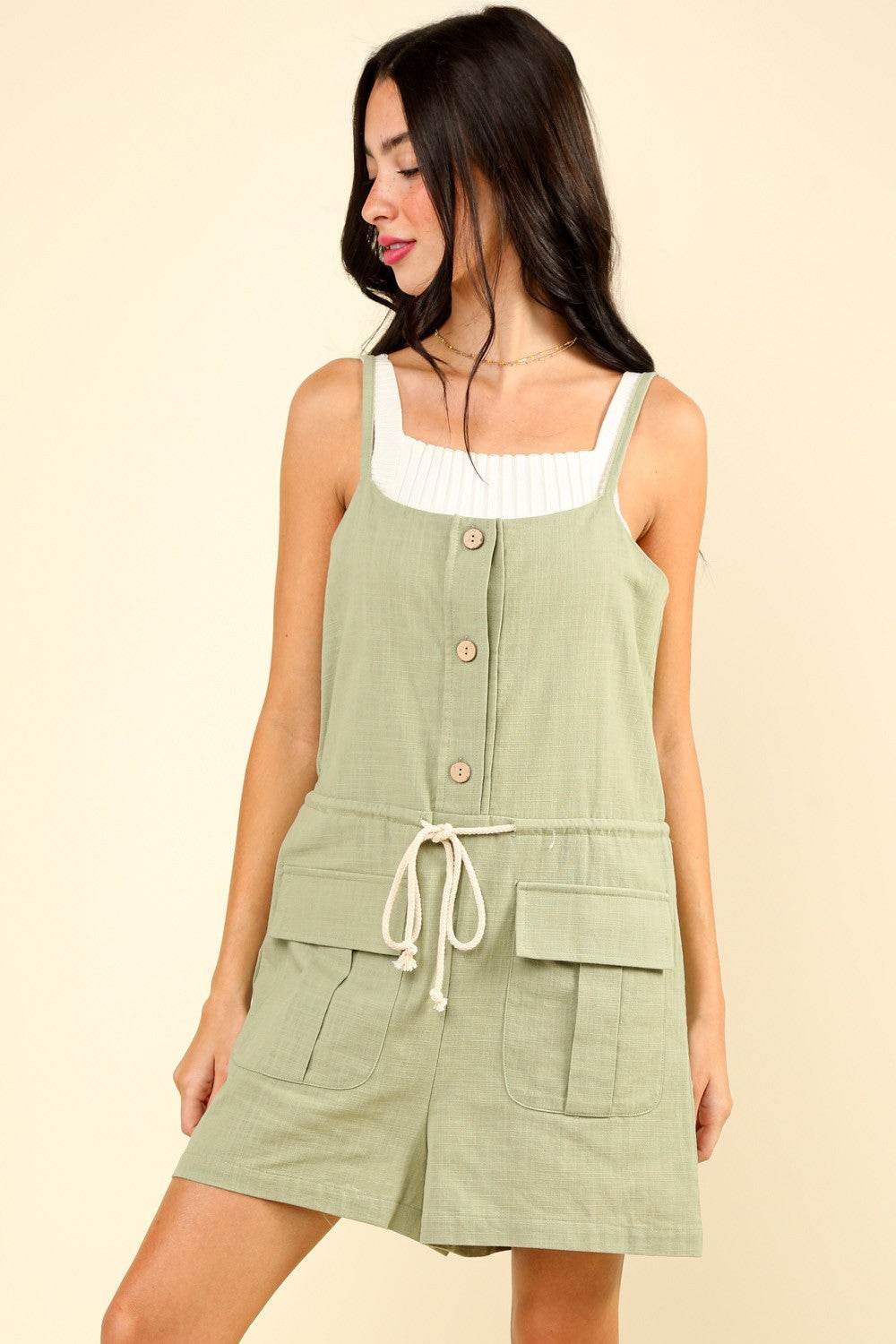 VERY J Half Button Drawstring Sleeveless Romper - DaTrendStore.Com