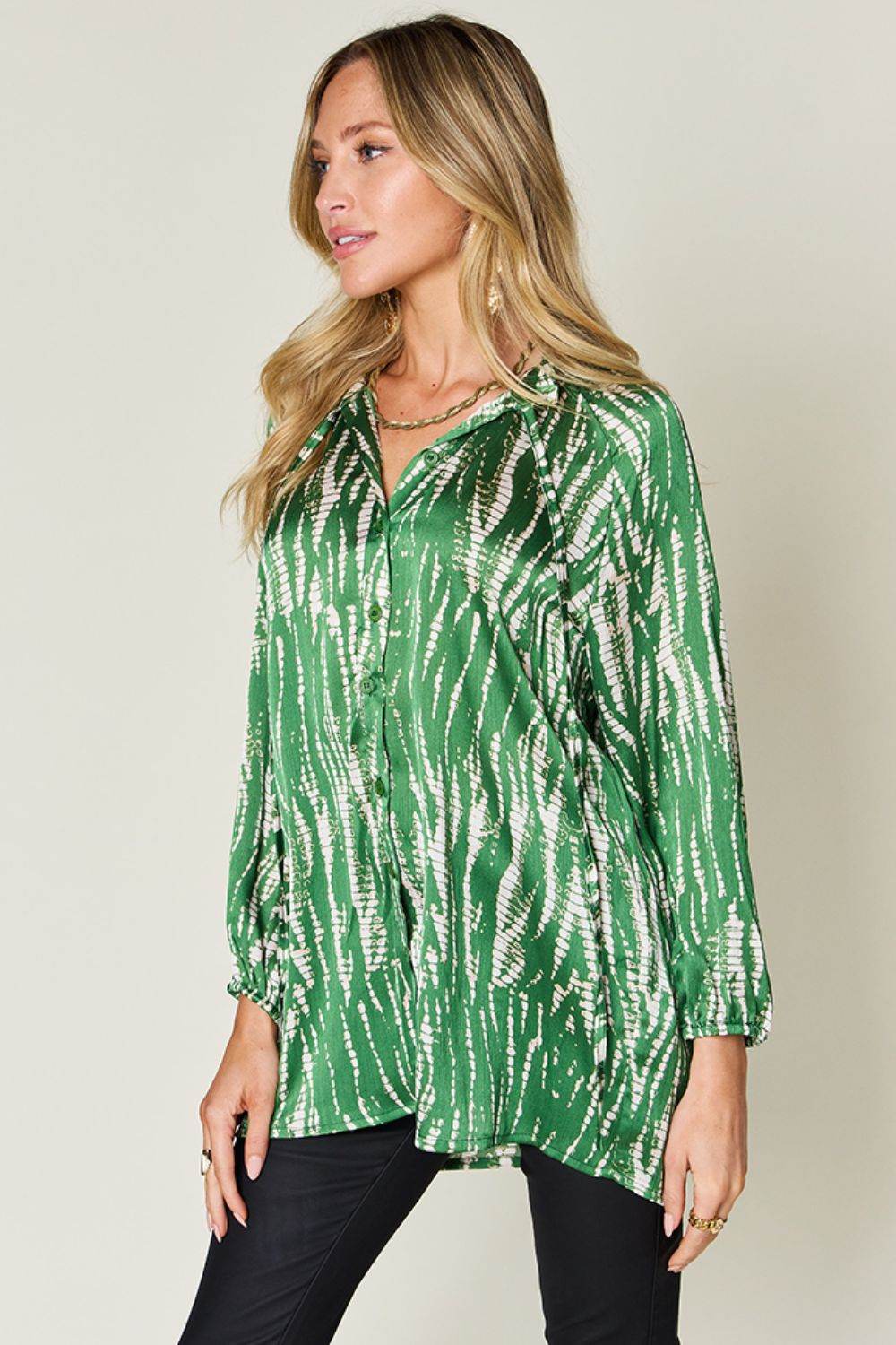 Double Take Full Size Printed Button Up Long Sleeve Shirt - DaTrendStore.Com