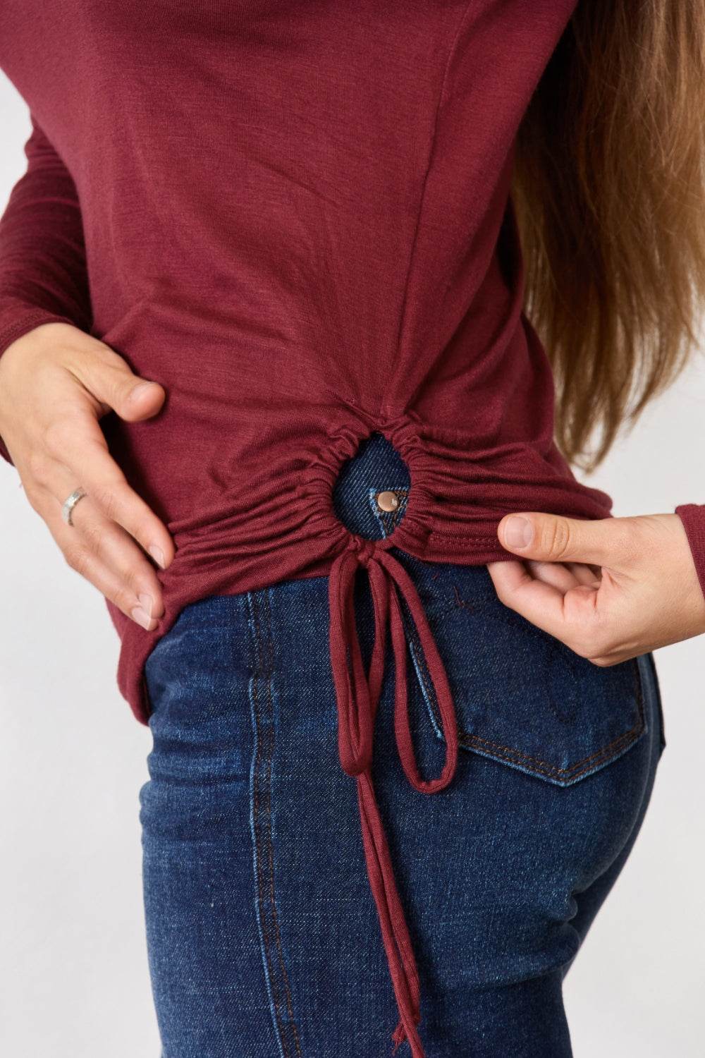 Culture Code Full Size Drawstring Round Neck Long Sleeve Top - DaTrendStore.Com
