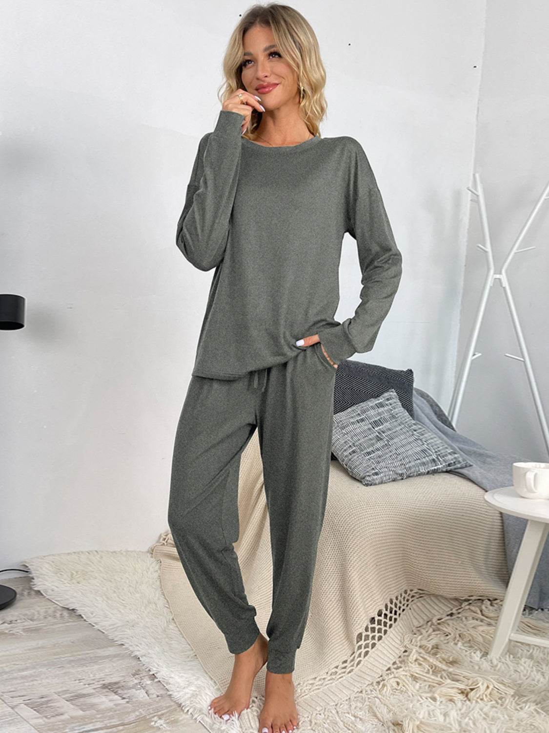 Shiny Round Neck Top and Drawstring Pants Lounge Set - DaTrendStore.Com