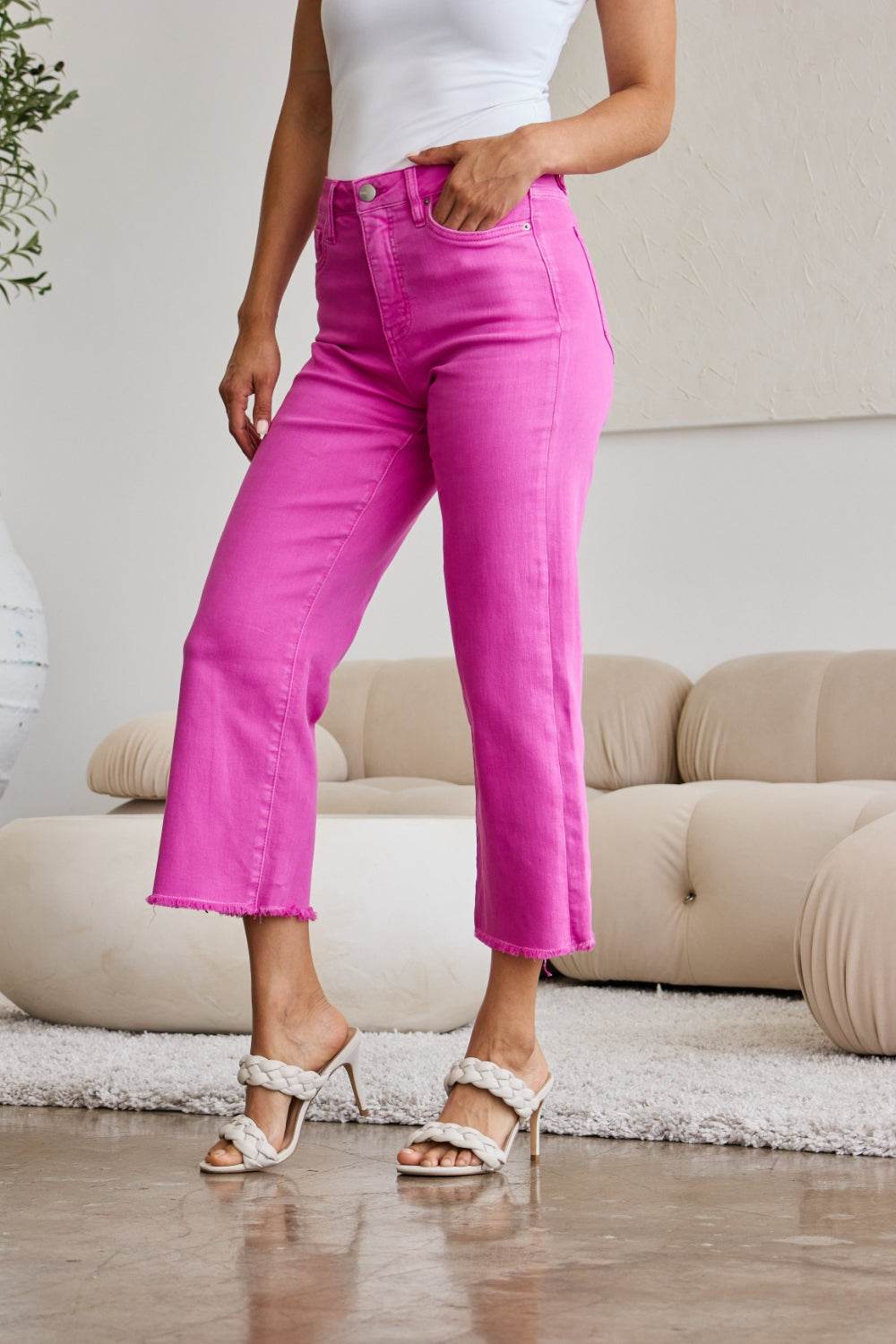 RFM Crop Chloe Full Size Tummy Control High Waist Raw Hem Jeans - DaTrendStore.Com