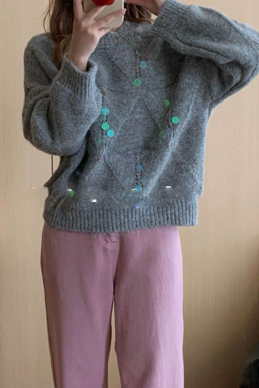 Sequin Round Neck Long Sleeve Sweater - DaTrendStore.Com