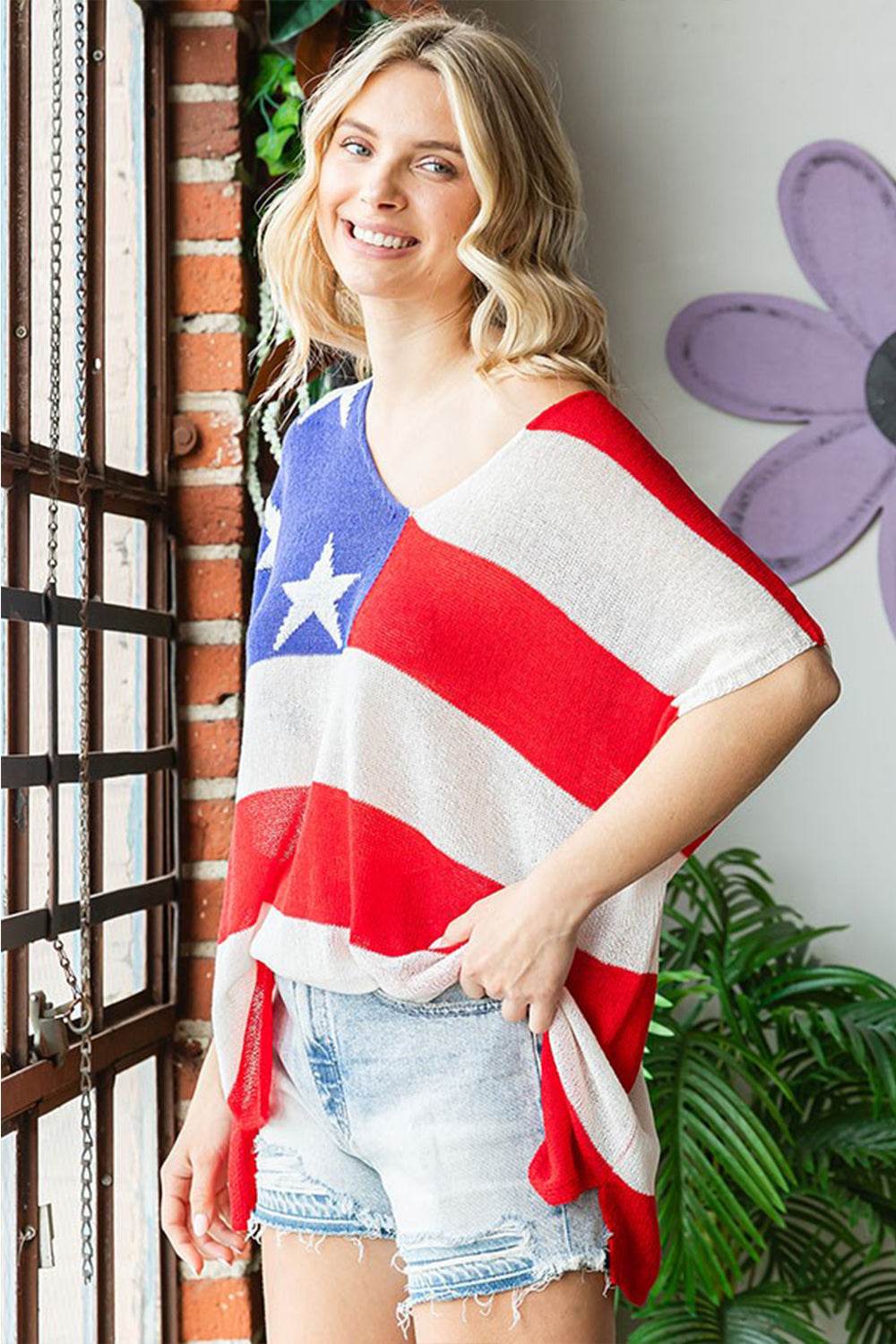 First Love Full Size USA Flag Drop Shoulder Knit Top - DaTrendStore.Com