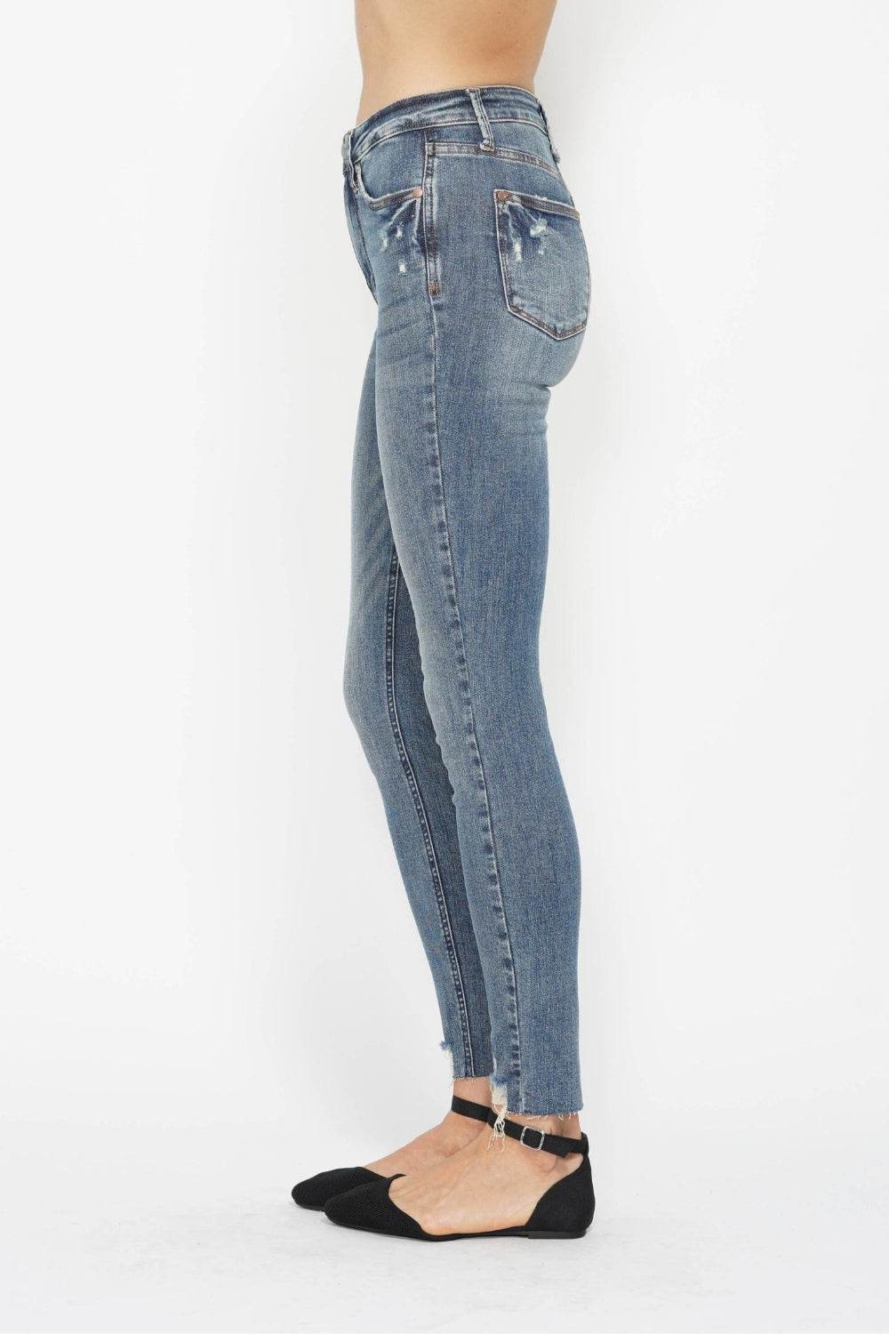 Judy Blue Full Size Tummy Control Vintage Wash Hem Destroy Skinny Jeans - DaTrendStore.Com