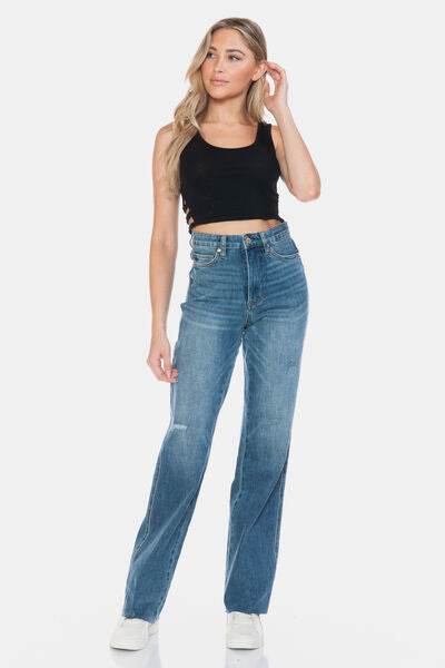 Judy Blue Full Size Tummy Control Cut Raw Hem Straight Jeans - DaTrendStore.Com