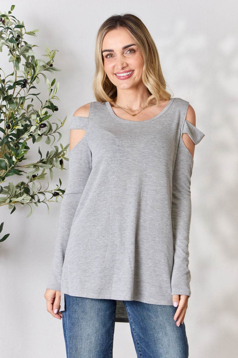 Hailey & Co Cutout Cold Shoulder Long Sleeve Top - DaTrendStore.Com