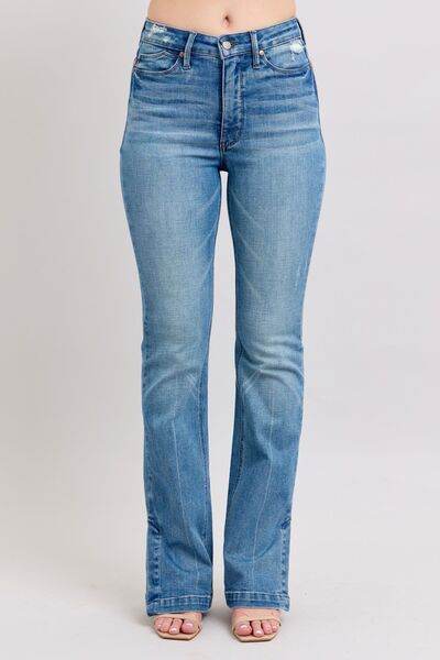 Judy Blue HW Tummy Control Vintage Wash Side Slit Slim Boot Jeans - DaTrendStore.Com