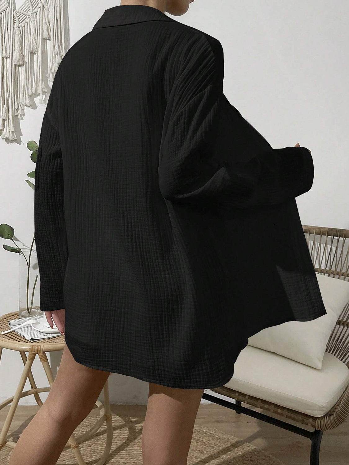 Dropped Shoulder Button Up Top and Elastic Waist Shorts Set - DaTrendStore.Com