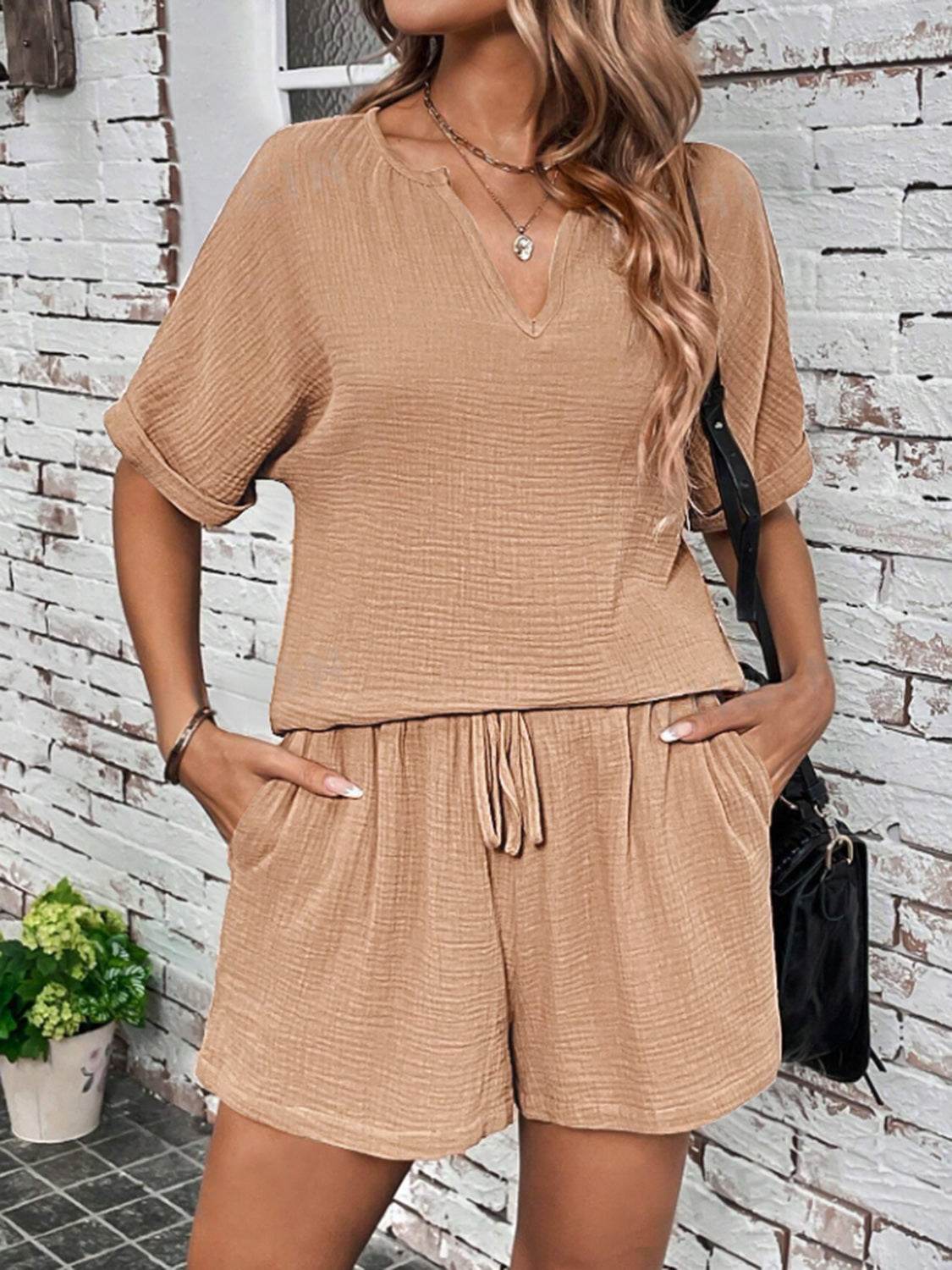 Notched Half Sleeve Top and Shorts Set - DaTrendStore.Com