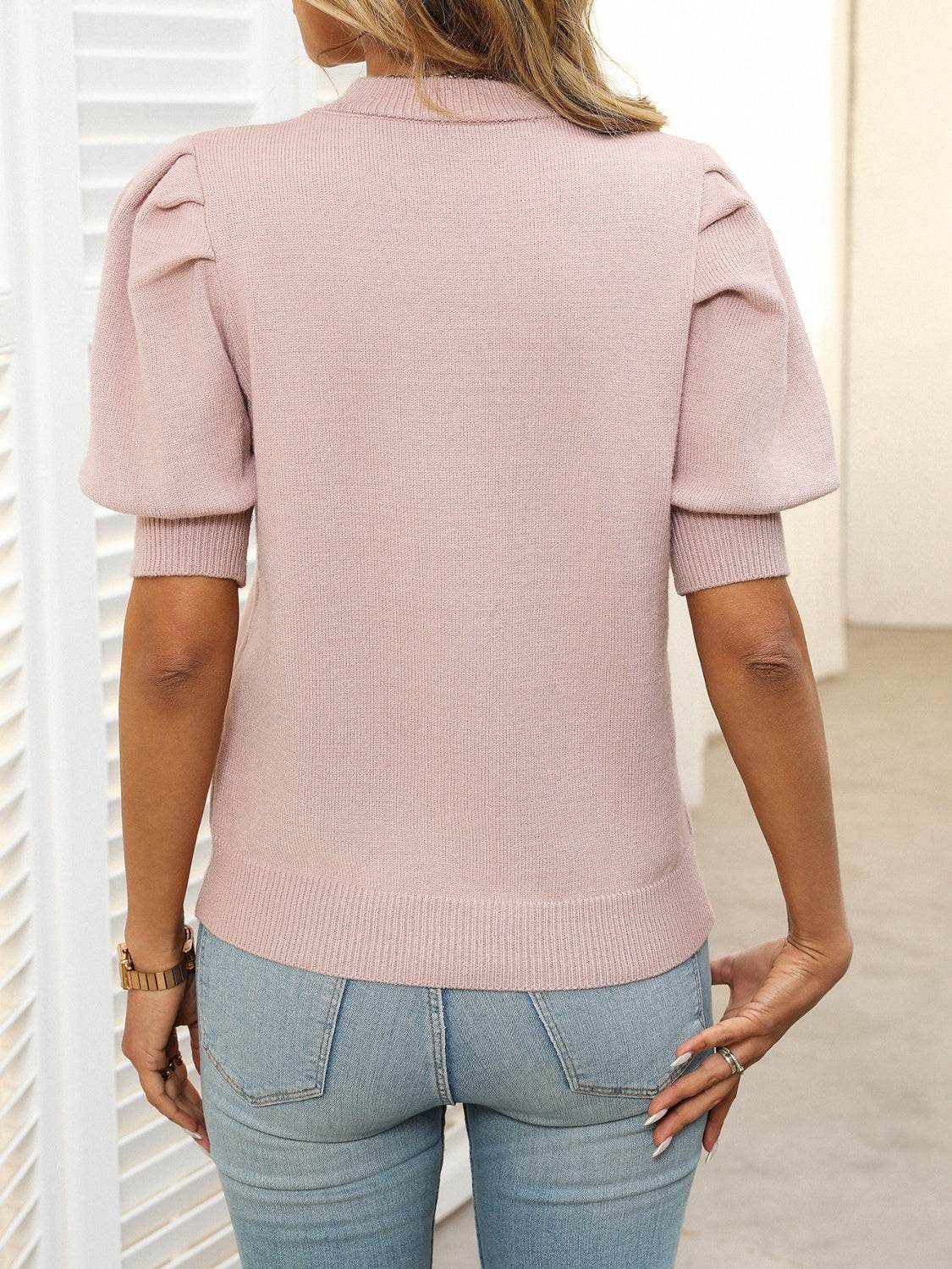 Mandy Mock Neck Puff Sleeve Sweater - DaTrendStore.Com