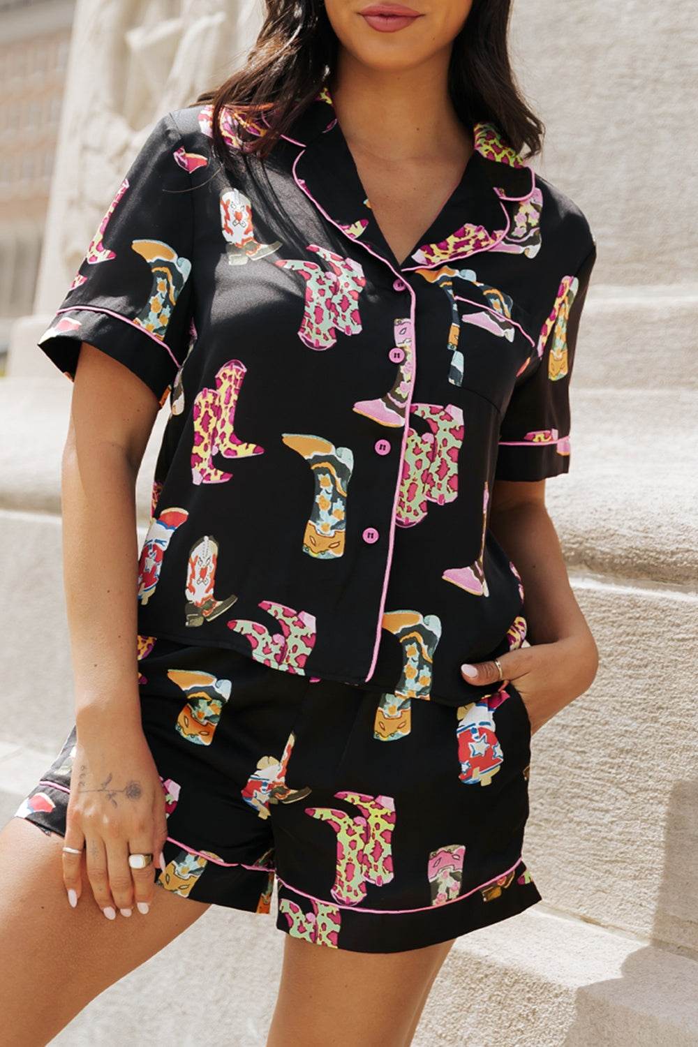 Printed Button Up Short Sleeve Top and Shorts Lounge Set - DaTrendStore.Com