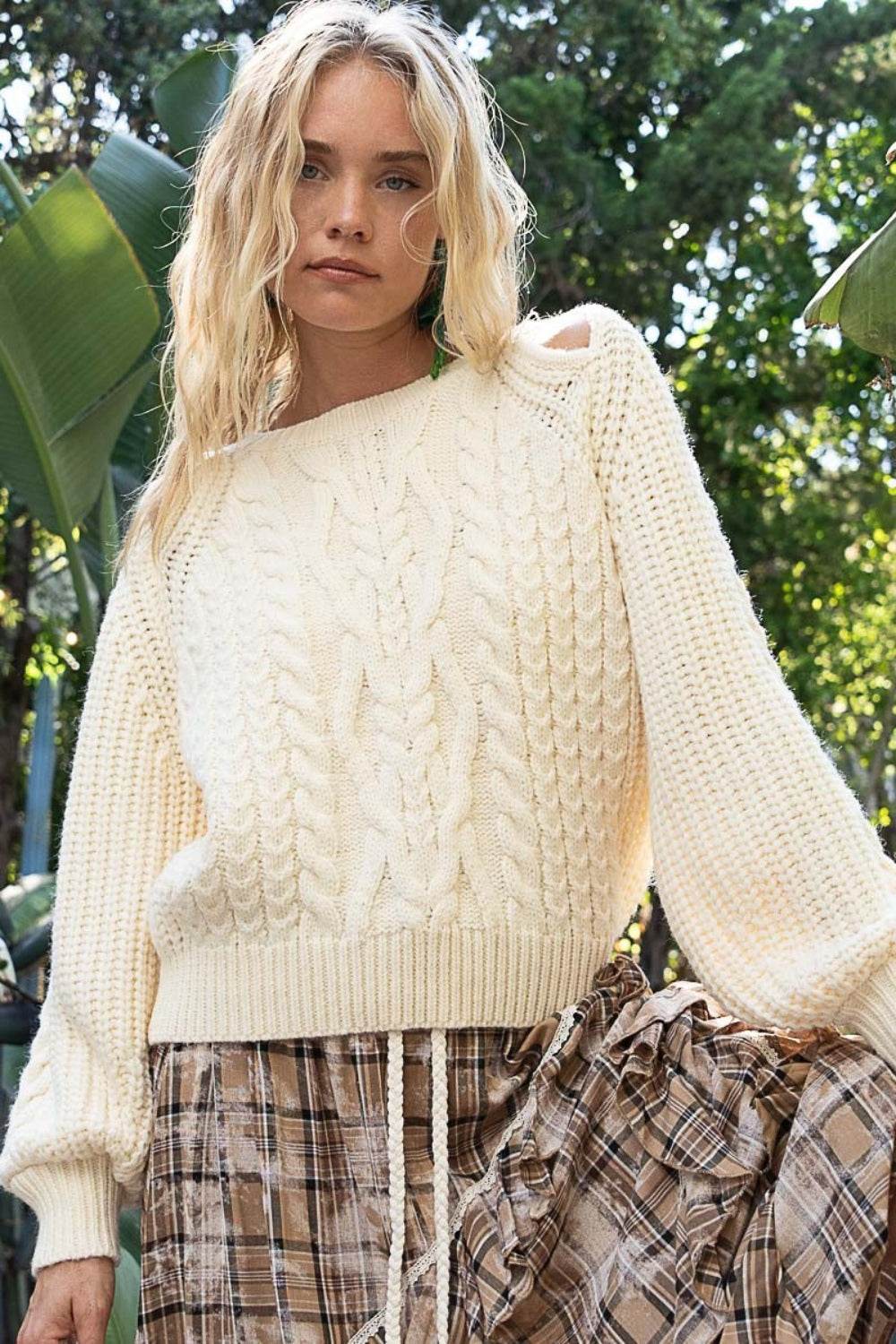POL Cable Knit Cutout Long Sleeve Sweater - DaTrendStore.Com