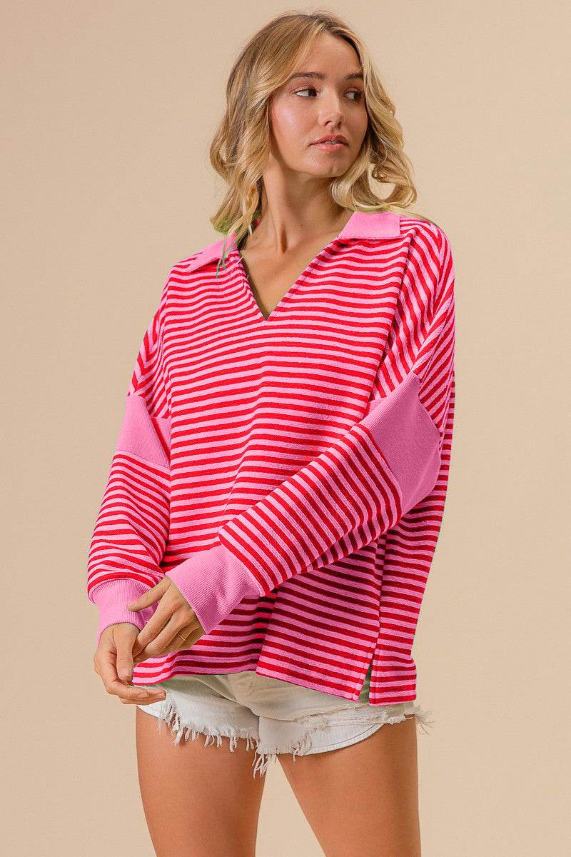 BiBi Striped Contrast Long Sleeve Knit Top - DaTrendStore.Com