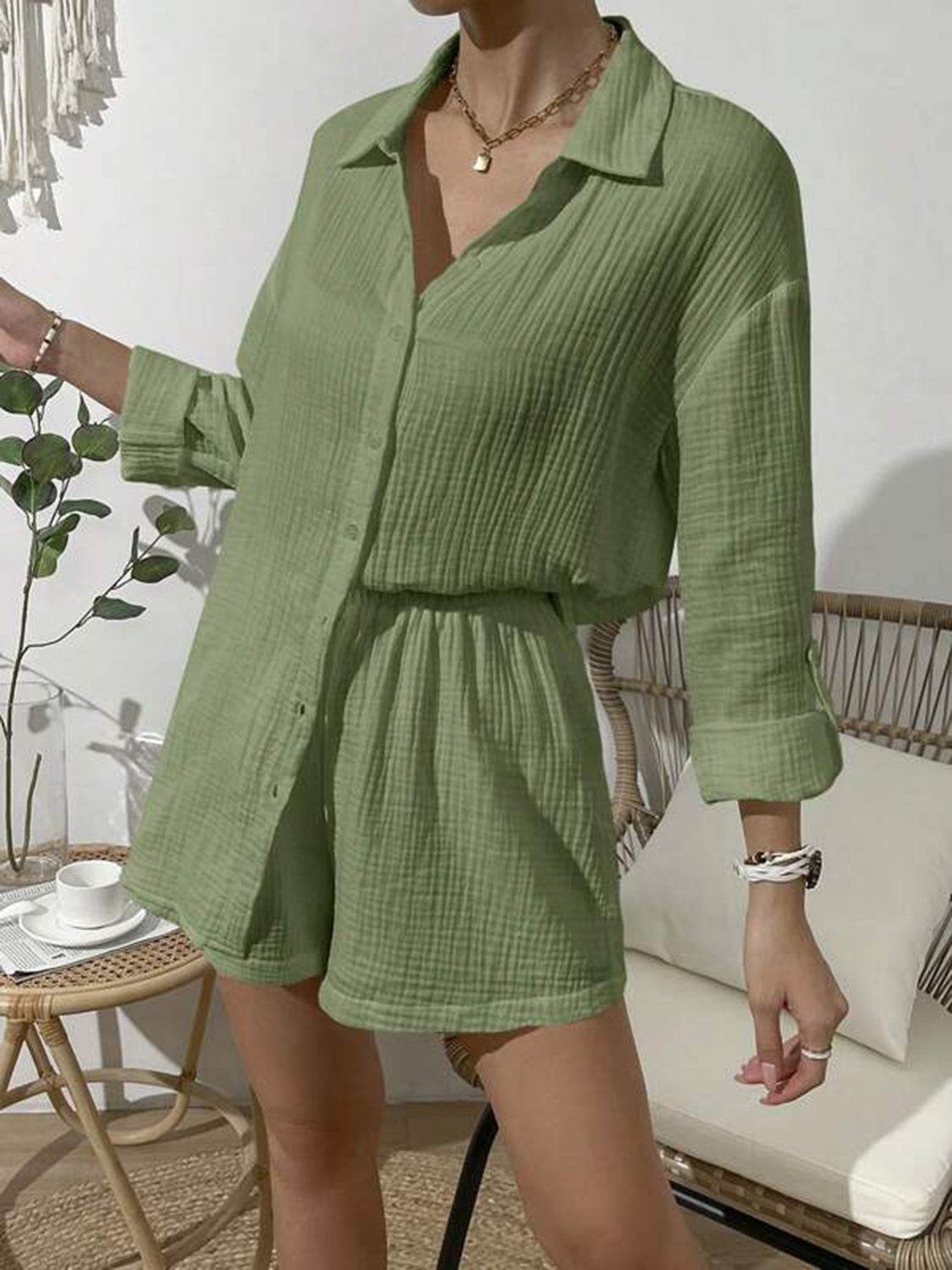 Dropped Shoulder Button Up Top and Elastic Waist Shorts Set - DaTrendStore.Com