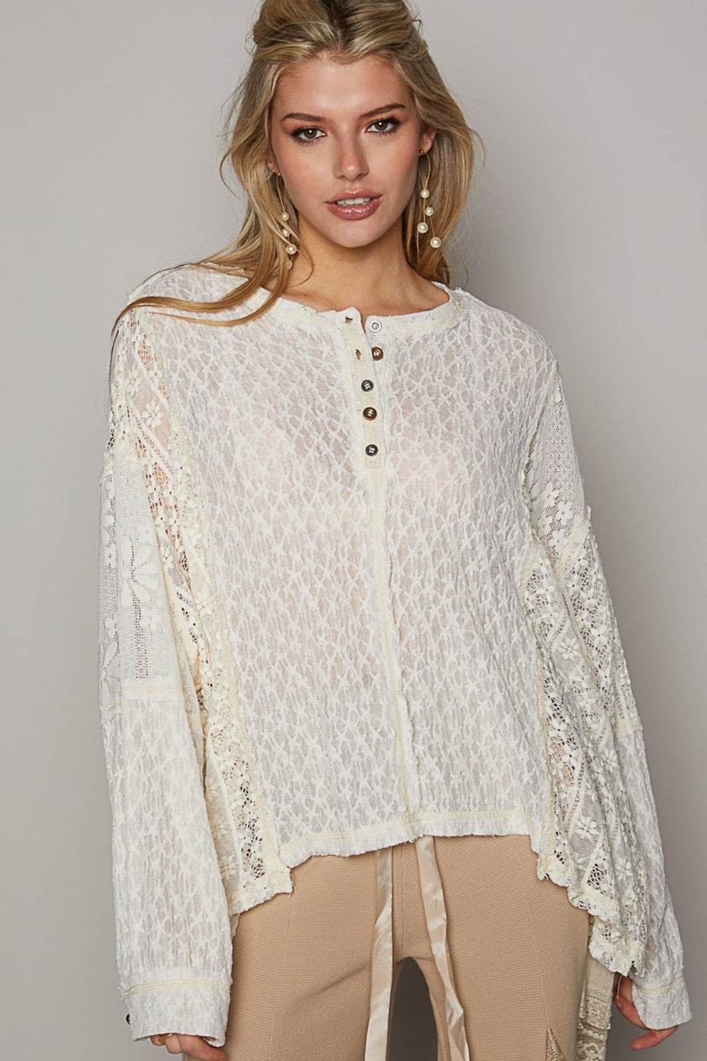POL Round Neck Long Sleeve Raw Edge Lace Top - DaTrendStore.Com
