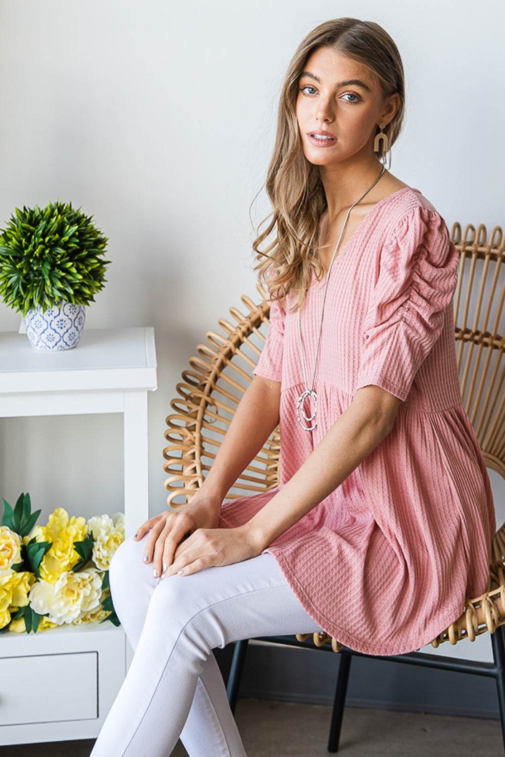 Heimish Full Size Waffle Knit V-Neck Babydoll Top - DaTrendStore.Com