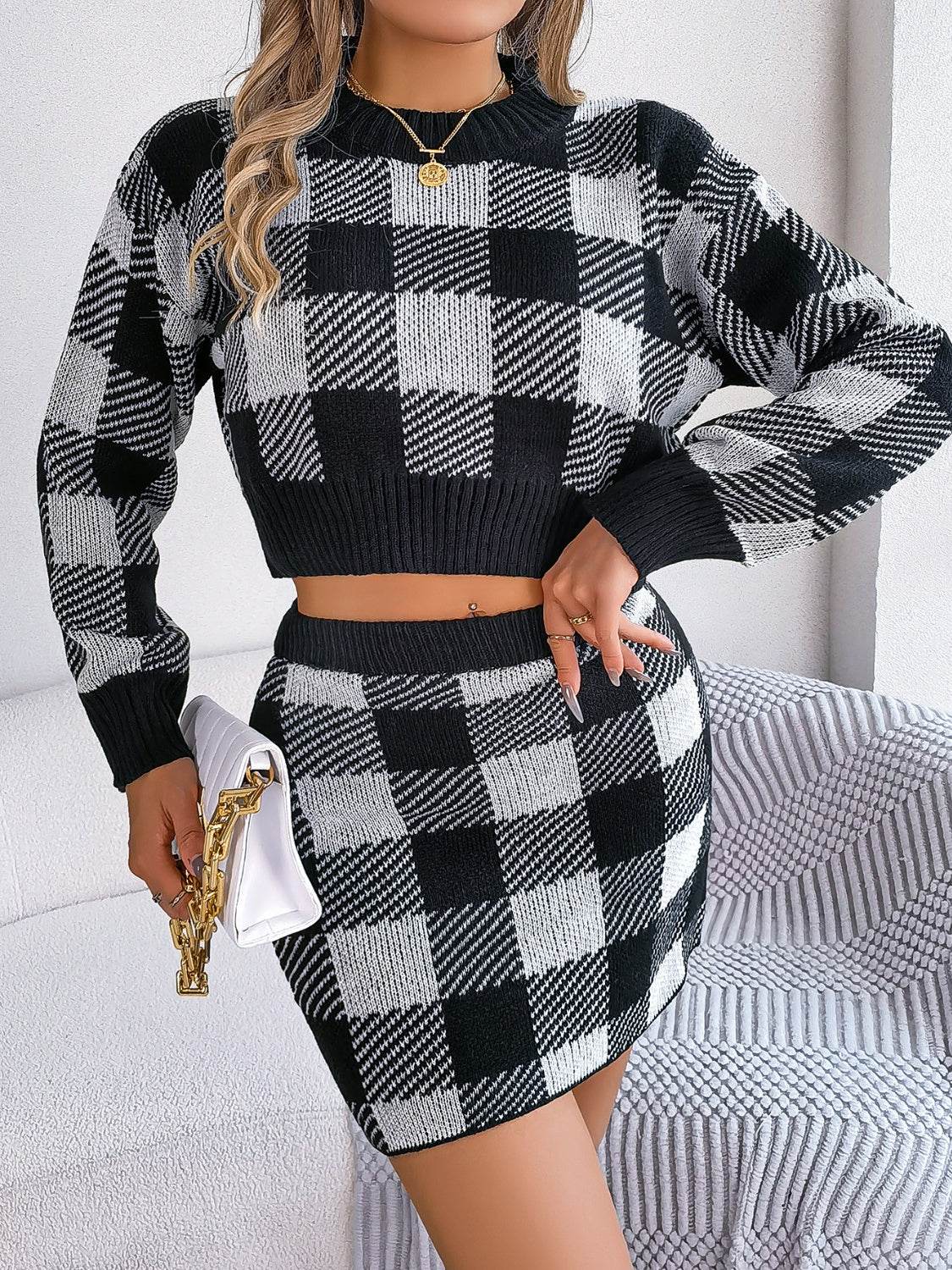 Plaid Round Neck Top and Skirt Sweater Set - DaTrendStore.Com