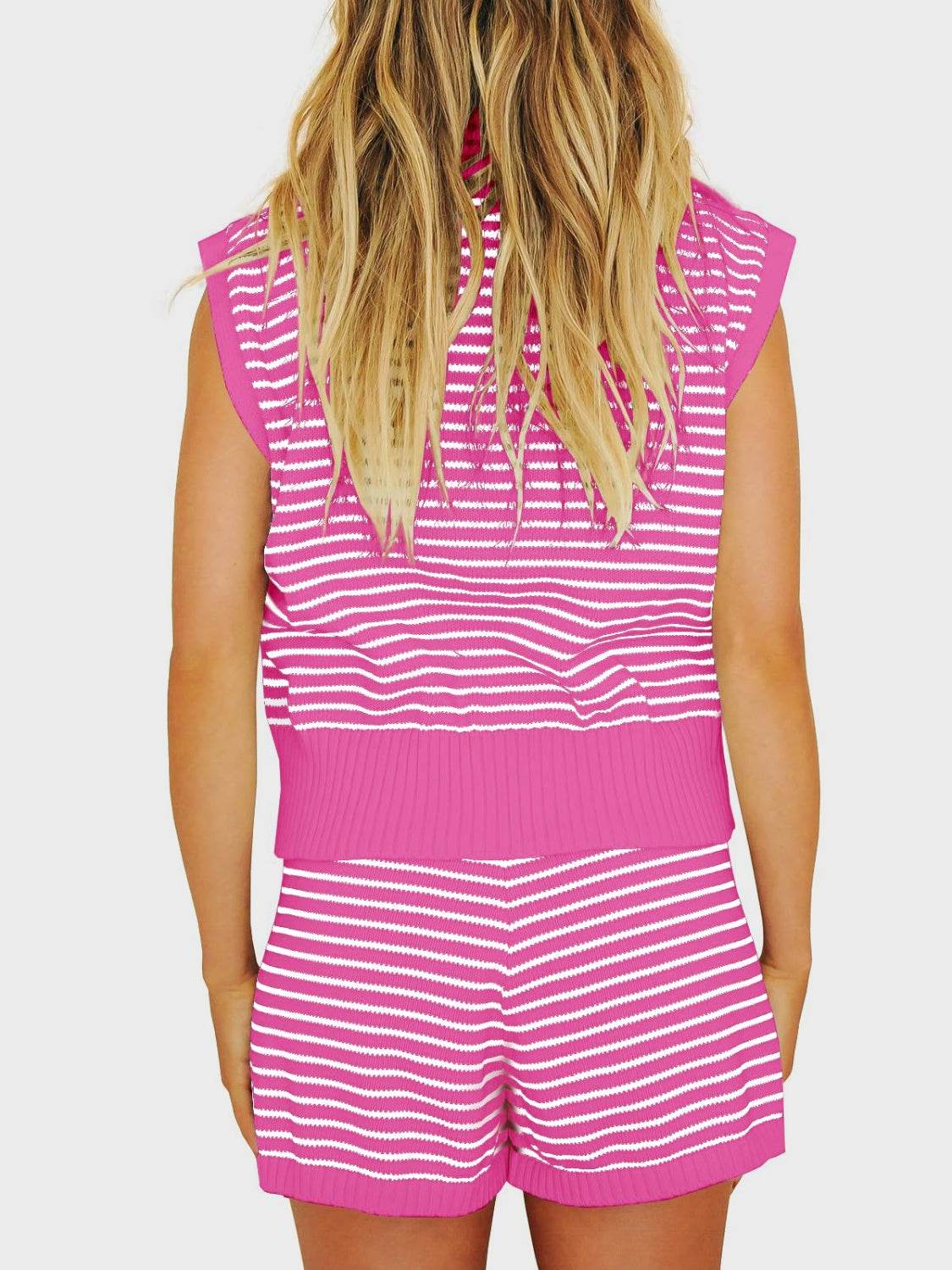 Striped Cap Sleeve Top and Shorts Sweater Set - DaTrendStore.Com