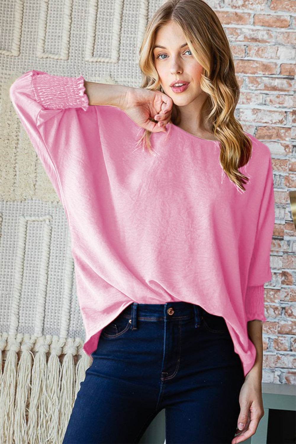 Reborn J Texture Round Neck Smocked Half Sleeve Top - DaTrendStore.Com