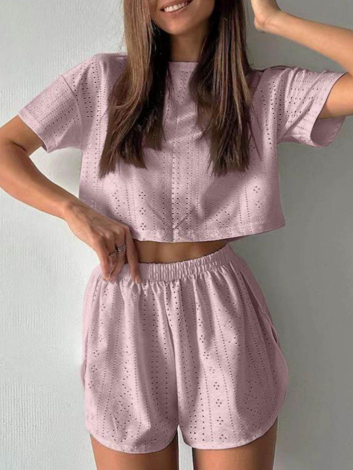 Eyelet Round Neck Top and Shorts Set - DaTrendStore.Com