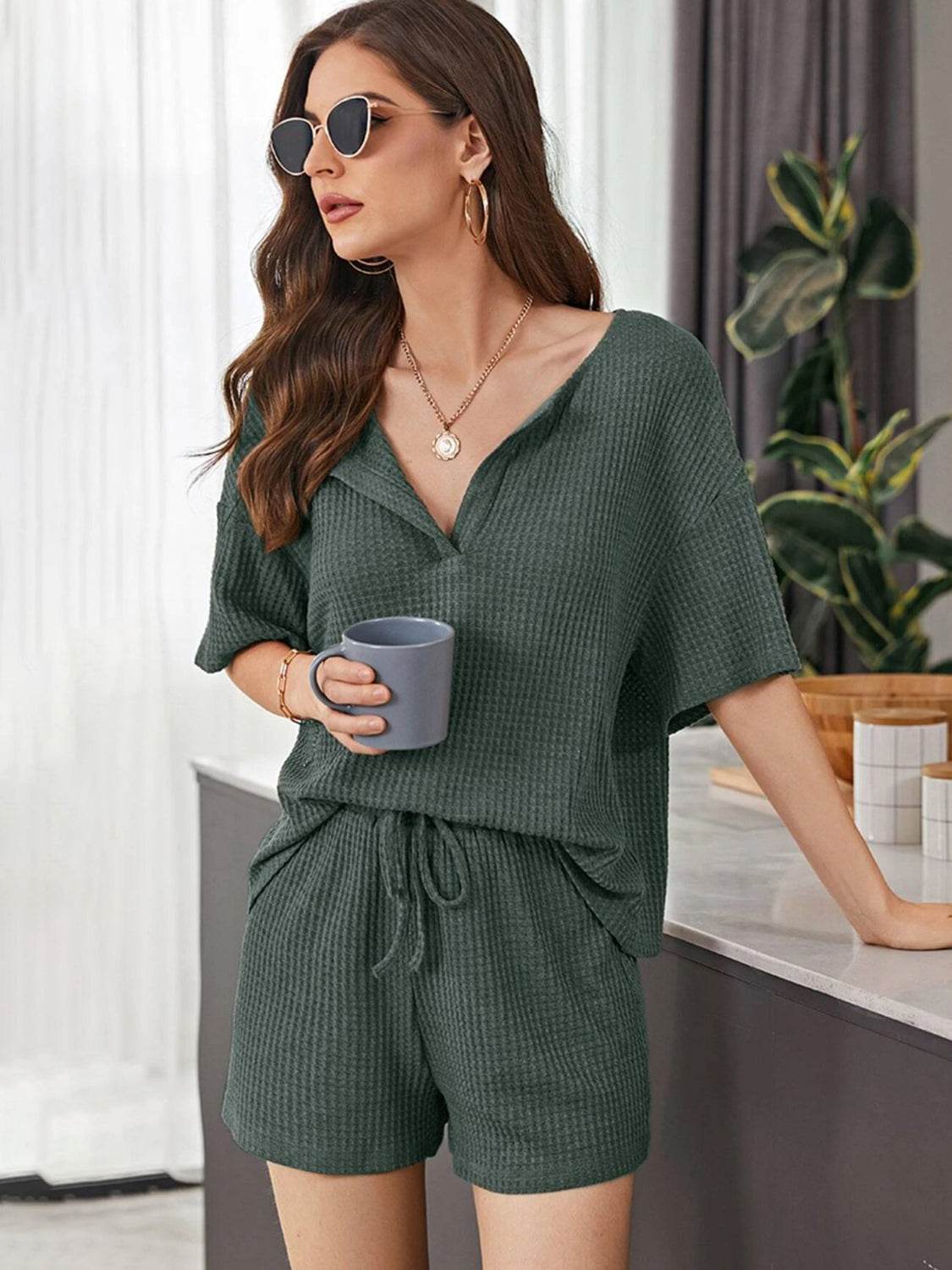 Full Size Waffle-Knit Dropped Shoulder Top and Shorts Set - DaTrendStore.Com