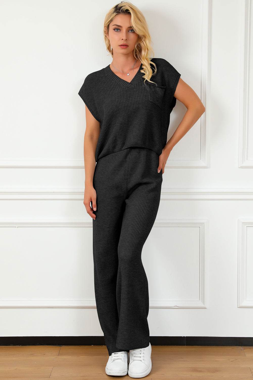 Pocketed V-Neck Top and Wide Leg Sweater Set - DaTrendStore.Com