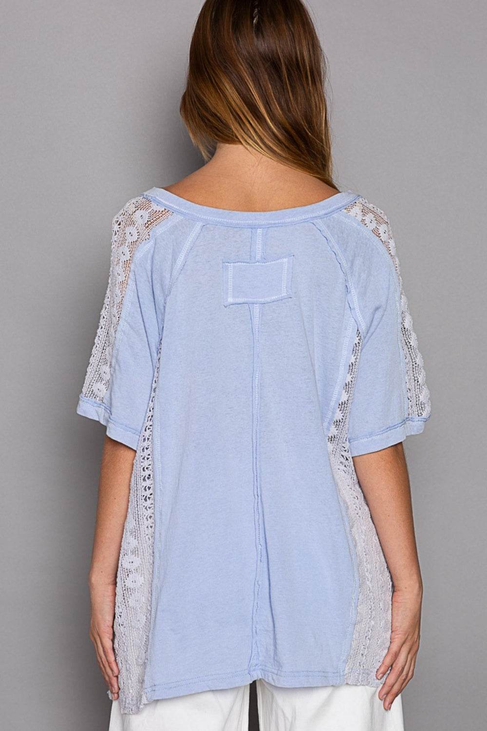 POL Short Sleeve Lace Crochet Panel Top - DaTrendStore.Com