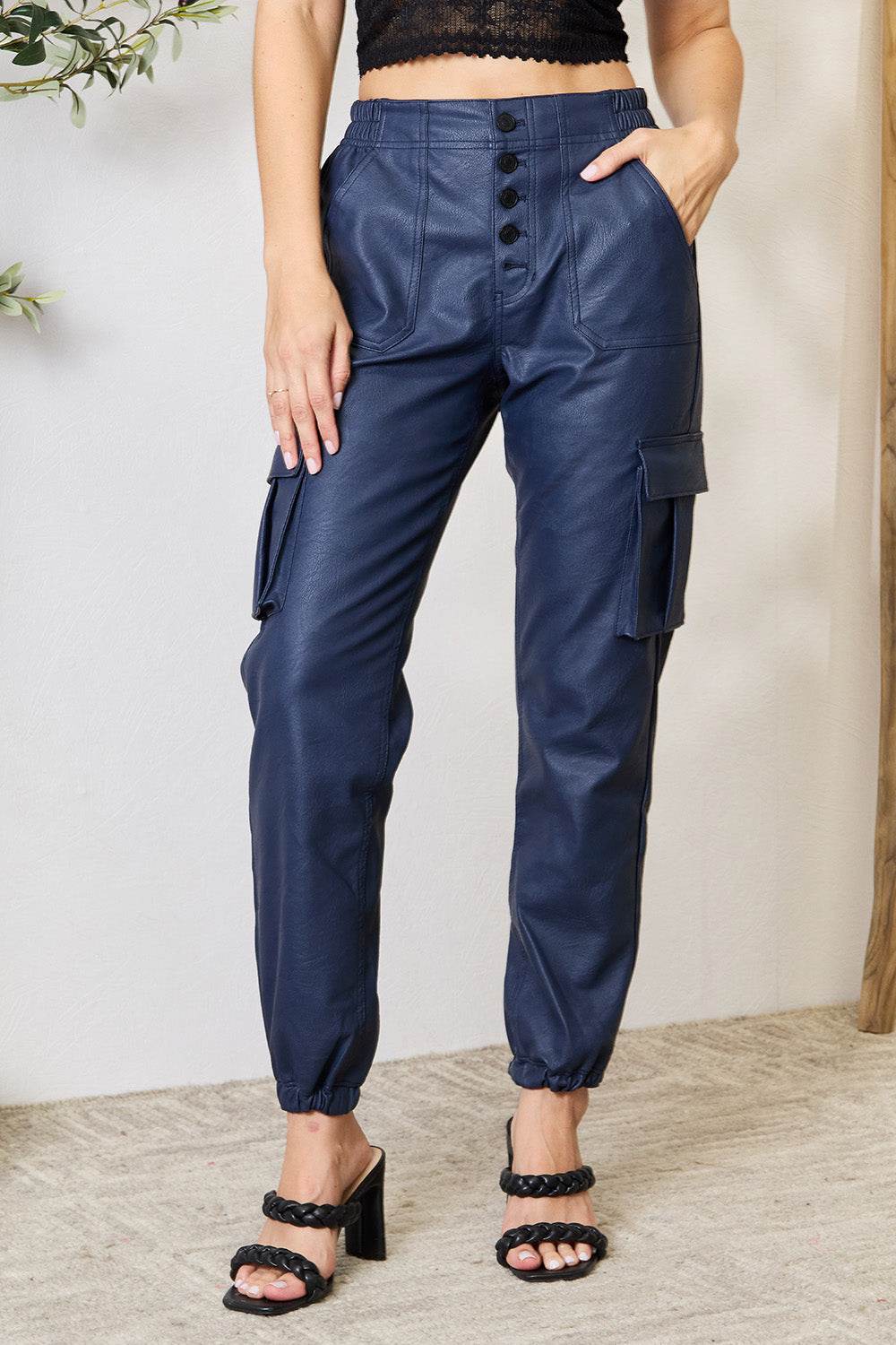 Kancan High Waist Faux Leather Cargo Joggers - DaTrendStore.Com