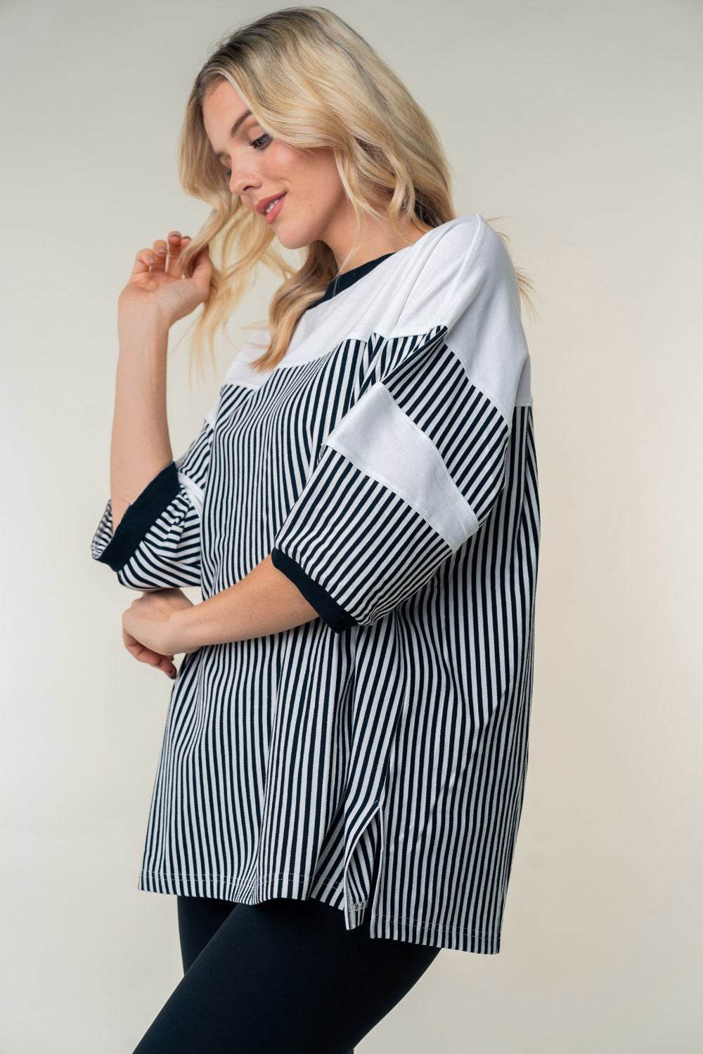 White Birch Full Size Striped Contrast Round Neck Top - DaTrendStore.Com