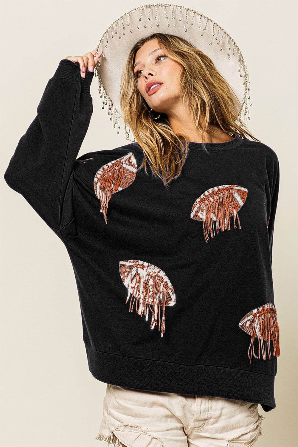 BiBi Sequin Fringe Football Patch Round Neck Sweatshirt - DaTrendStore.Com