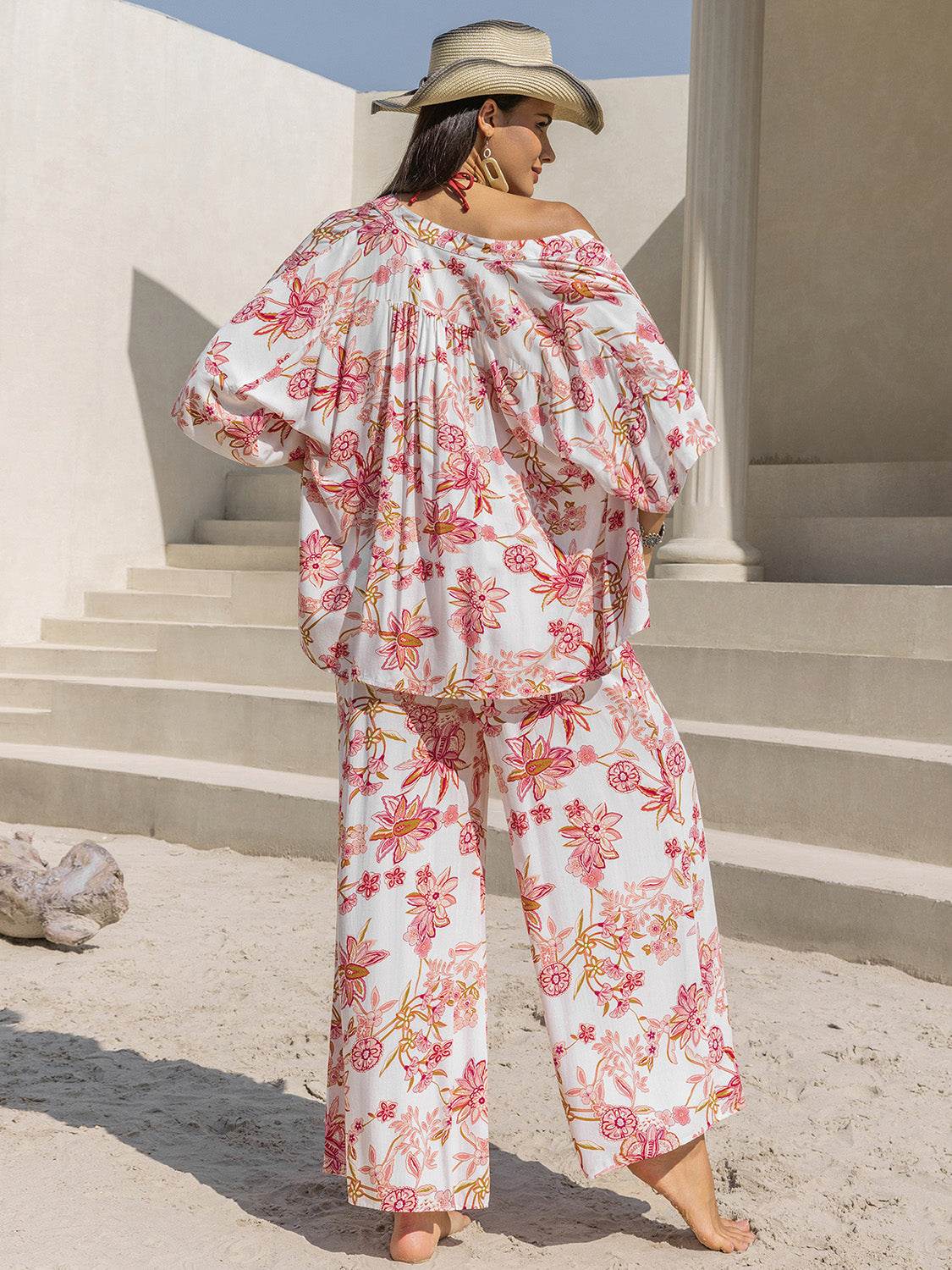 Printed Open Front Half Sleeve Top and Pants Set - DaTrendStore.Com