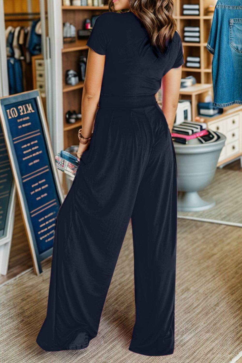 Short Sleeve Top and Wide Leg Pants Set - DaTrendStore.Com