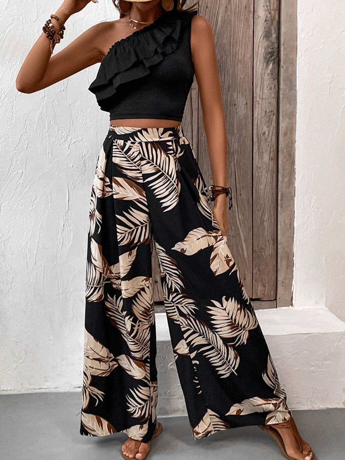 Honey Ruffled Sleeveless Top and Printed Pants Set - DaTrendStore.Com