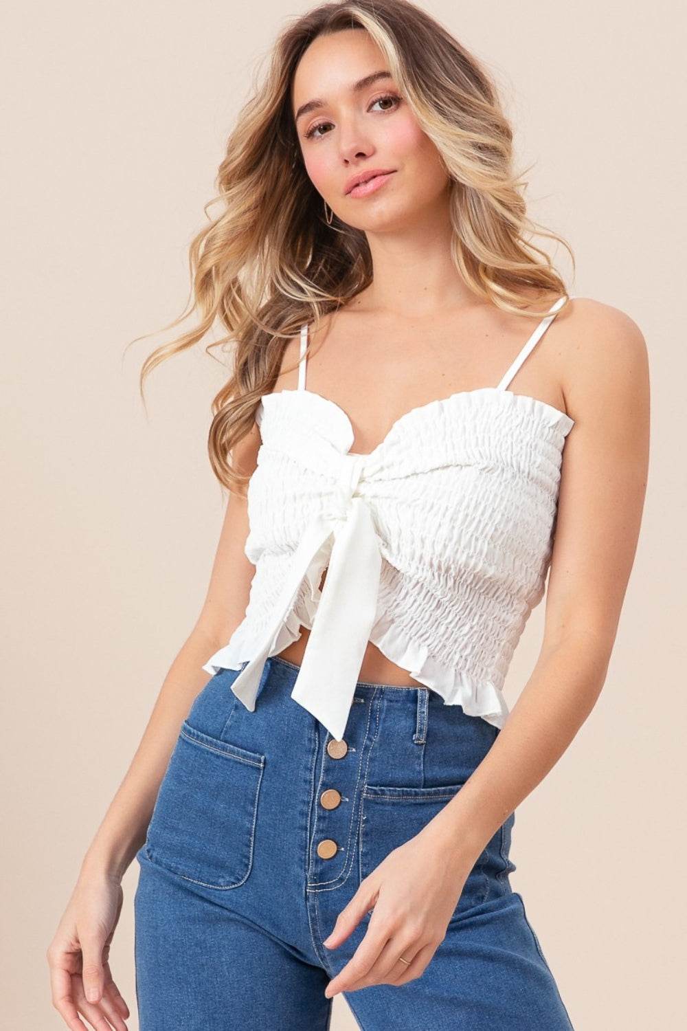 BiBi Ruffled Smocked Ribbon Detail Cami - DaTrendStore.Com