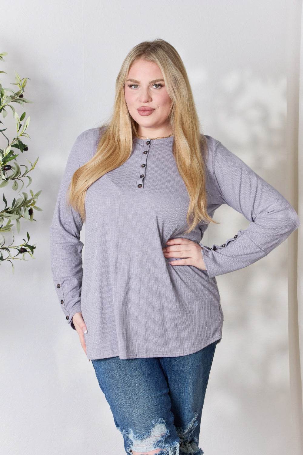 Heimish Full Size Texture Half Button Long Sleeve Top - DaTrendStore.Com