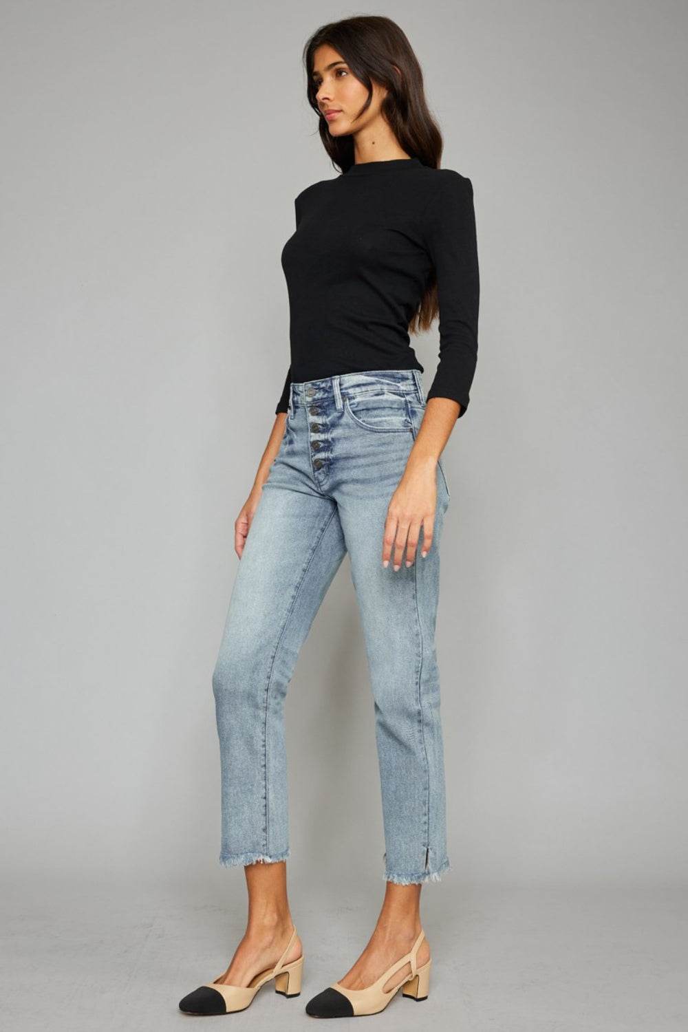 Kancan High Waist Button Fly Raw Hem Cropped Straight Jeans - DaTrendStore.Com