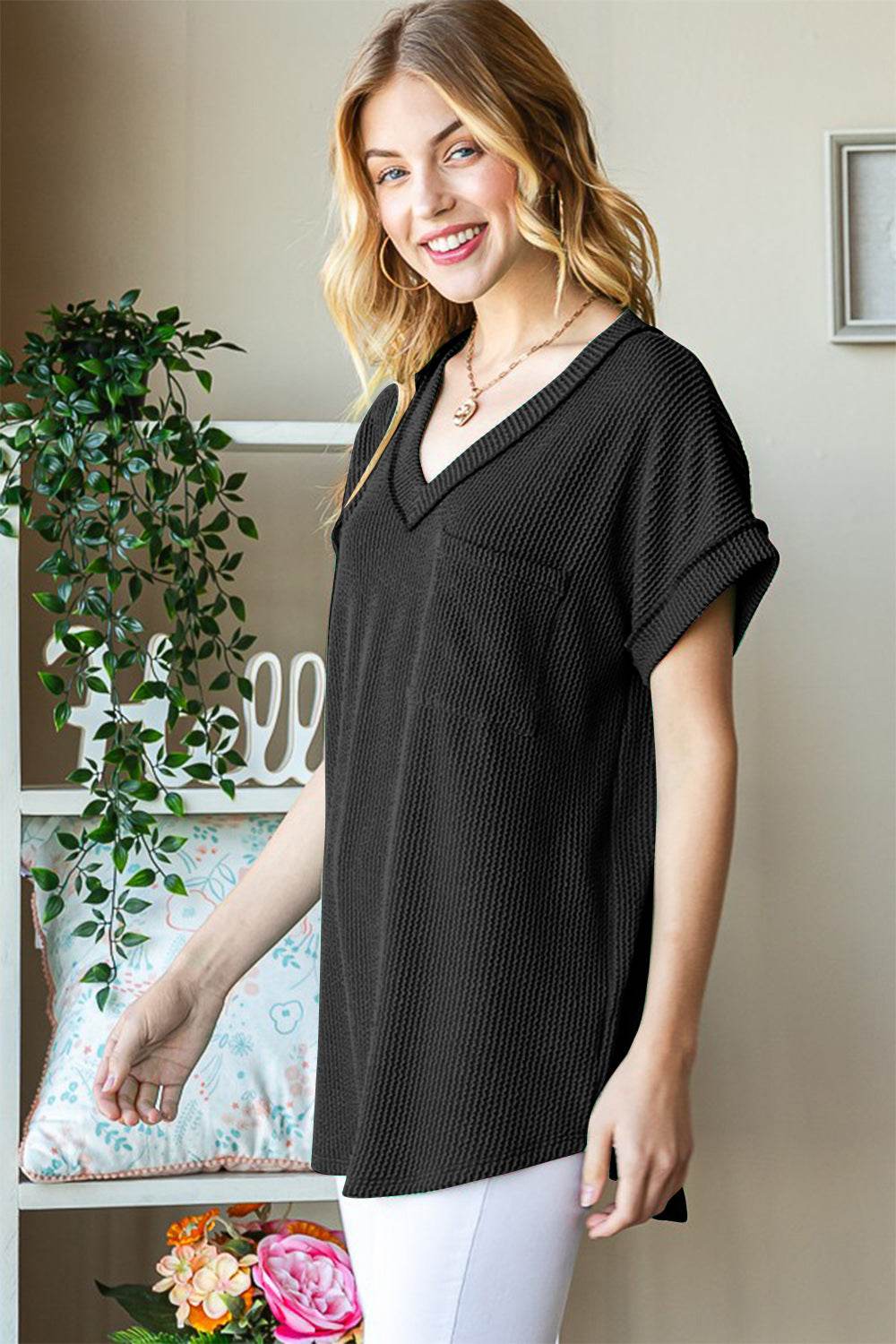 Heimish Full Size Front Pocket Short Sleeve Ribbed Top - DaTrendStore.Com