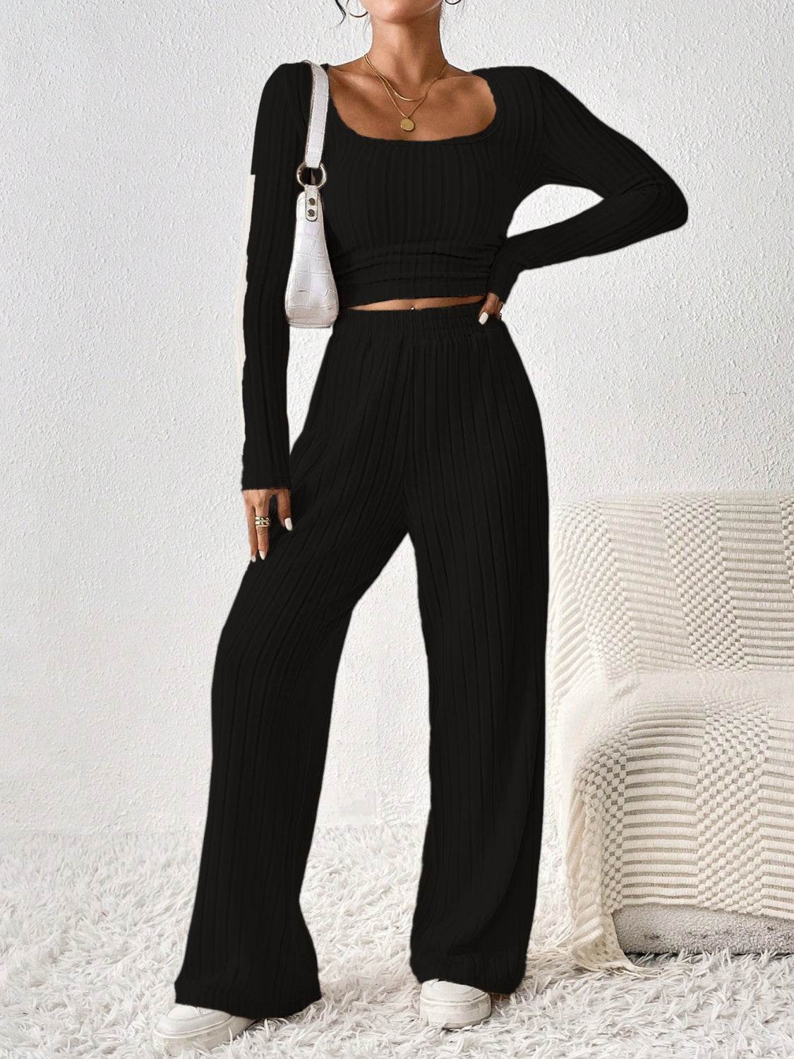 Honey Scoop Neck Long Sleeve Top and Pants Set - DaTrendStore.Com