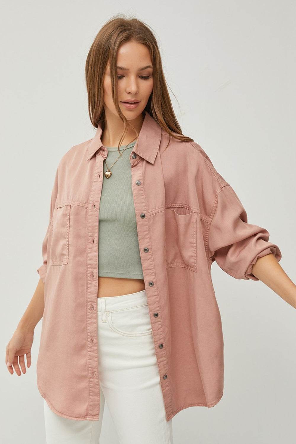 RISEN Full Size Button Up Long Sleeve Denim Shirt - DaTrendStore.Com