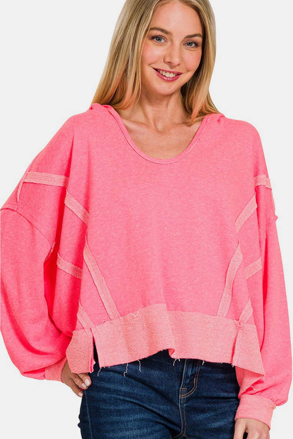Zenana Contrast Trim Slit Hoodie - DaTrendStore.Com