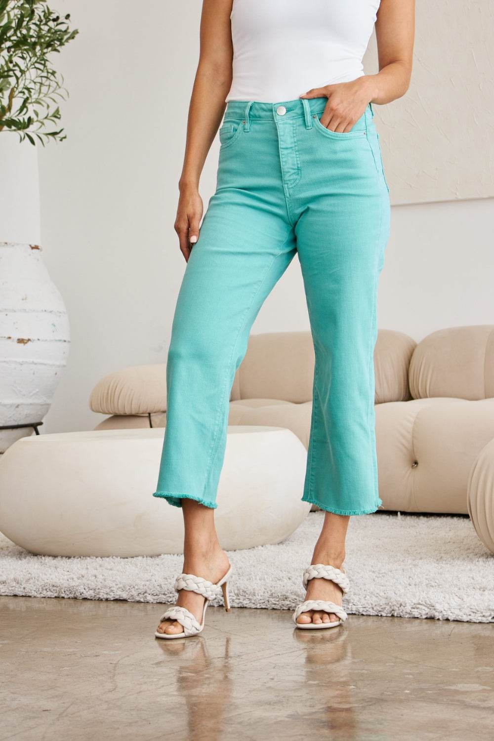 RFM Crop Chloe Full Size Tummy Control High Waist Raw Hem Jeans - DaTrendStore.Com